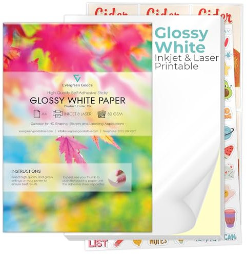 50 Sheets White Glossy Sticker Paper A4 - Inkjet & Laser Printable | Make Your Own Stickers, Arts & Craft, Cutter Compatible for Cricut, Strong Sticky Back Self-Adhesive | Evergreen Goods