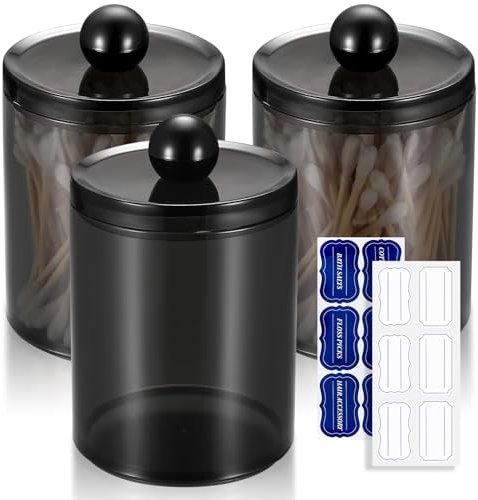 Gaomoeny 3 PACK Qtip Holder Dispenser Storage Organizer with Labels - 12 oz Black Apothecary Jars Bathroom for Cotton Ball,Cotton Swab,Cotton Round Pads,Floss,Makeup Sponges,Hair Clips