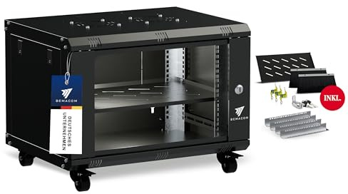 Bemacom Netzwerkschrank 19 Zoll Serverschrank 19 Zoll 7HE, Server Rack für Wandmontage EDV Schrank 19 Zoll Gehäuse mit Traglast 60kg, 600x450x385 mm Schwarz, mit Glastür und abschließbar