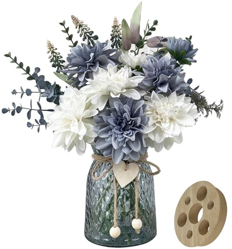 SHINFHOMF Fake Flowers in Vase,8 Dahlias,Silk Artificial Flowers in Vase,Centerpiece Table Decorations,Faux Flowers in Vase with a Flower Arrangement Holder