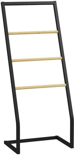 HOMCOM Porte-Serviettes sur Pieds en Bambou et Acier avec 4 Barres Support pour Petit Espace, Salle de Bain et buanderie 40,5L x 28l x 98H cm - Noir et Naturel