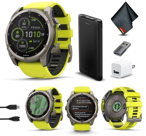 Garmin Fenix 8 51MM Solar Sapphire Multisport GPS Smartwatch Titanium with Amp Yellow Silicone Band, 48 Days Battery Life, Built-in LED Flashlight, Health & Fitness Smart Watch Bundle for Men & Women