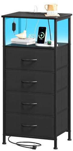 Somdot Black Nightstand with Charging Station and LED Light for Bedroom, Tall 4 Drawers Dresser with Fabric Bins for Bedside Kids Dorm Room Closet Laundry Entryway, Black