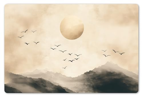 KitchenYeah© Placemats para Mesa Comedor Set 6 45x30 cm Manteles Individuales Lavables PVC Antideslizantes Estilo Elegante Paisaje - Japandi - Pájaro