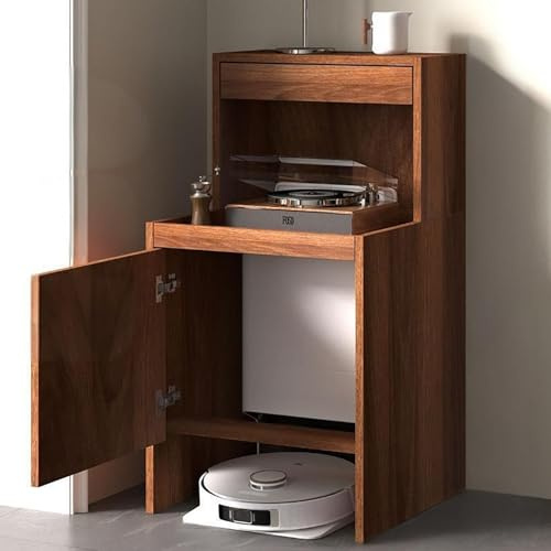Meuble de Rangement Caché pour Aspirateur Robot, Armoire avec Portes et Tiroirs, Table d'Appoint en Bois, Étagère Indépendante pour Maison ou Bureau(Dark Brown,H100cm/39.3in)