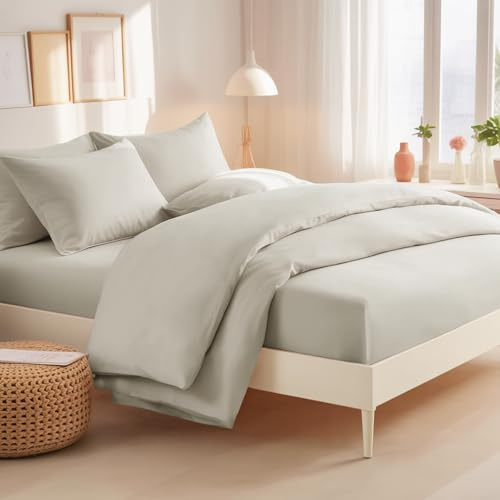 RUIKASI Double Duvet Set 4 Piece Beige - Duvet Cover Bedding Double Bed Sets Microfiber Fitted Sheet Duvet Cover with Pillow Cases