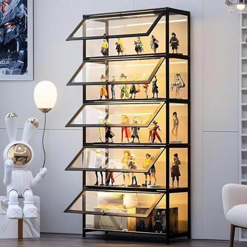 Scribora 5-story display case Standing, Curio cabinets, bookcase with doors, Transparent acrylic doors,collector display case for living room, office, books, game room (Black folding door)