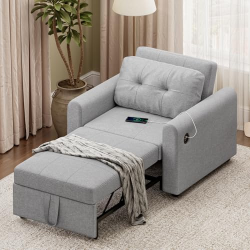 Divano Letto Singolo con USB, 3 in 1 Convertibile Divano Letto 1 Posto | Schienale 3 Posizioni Regolabile, Cuscini e Tasche Laterali, per Soggiorno, Camera e Ospiti, 190×84cm, Grigio Chiaro