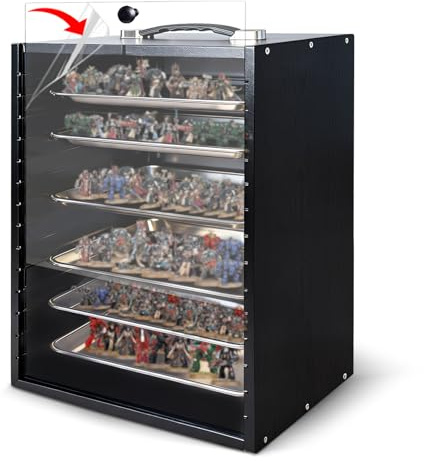 Miniature Carry Case with 6 Magnetic Trays, Wooden Tabletop Miniatures Storage & Display Case with Clear Acrylic Window for Wargaming Models and Figurines
