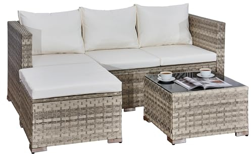 rattanstar 4 Seater Rattan Garden Furniture Sets, Outdoor Corner Sofa Set | All-Weather Patio Furniture Set with Ottoman, Coffee Table and Washable Cushions for Conservatory, Terrace, Balcony