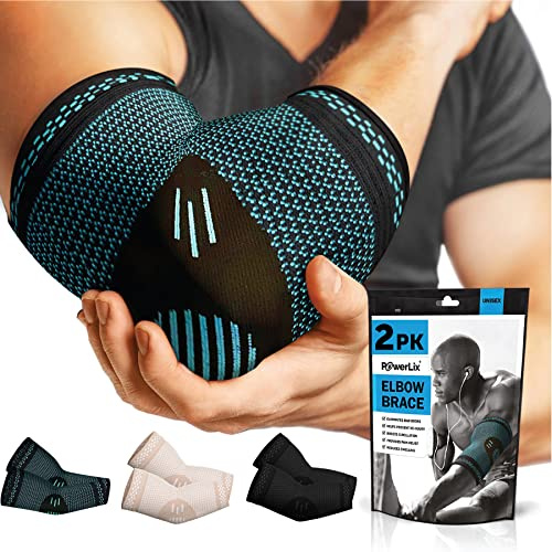 POWERLIX armbågsbandage 2 st., kompression armbågsbandage för dam och herr, armbågsbandage för tennisarmar, golfare, sport, artrit, seninflammation, ledvärk, blå, L