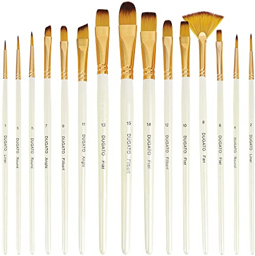 DUGATO 15 Piece Artist Paint Brush Set - Anti-Shedding Nylon Hair Brushes with Comfortable Grip for Acrylic, Watercolor, Oil, Gouache & Crafts - Suitable for All Skill Levels, Beginners, and Hobbyists