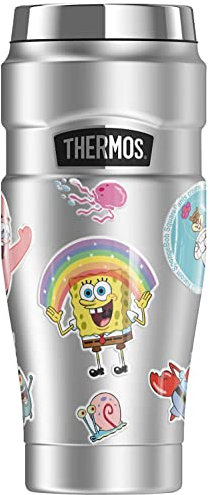 Spongebob OFFICIAL Spongebob And Friends Sticker Collage THERMOS STAINLESS KING Stainless Steel Travel Tumbler, Vacuum insulated & Double Wall, 16oz