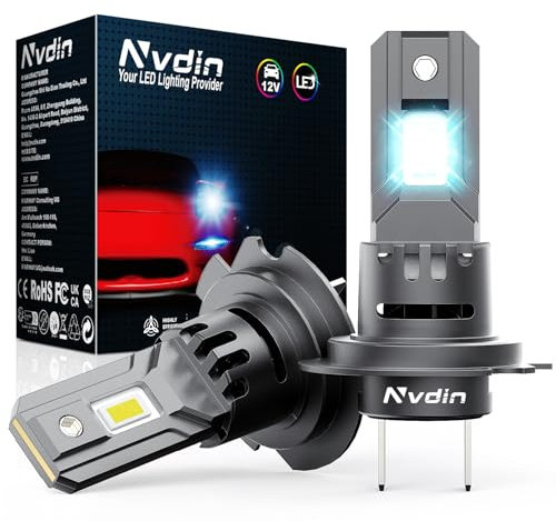 Nvdin bombillas h7 led 28000lm, lámpara para faros de coche y moto, muy compacto y montaje directo, tamaño halógeno 1:1, kit de luces de 12v para luces largas o cortas, 6000k blanco