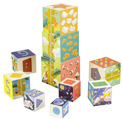 Baroni Toys Cubi Impilabili in Cartone Illustrati, Gioco Educativo e Divertente per Bambini con Metro 105 cm, per Imparare Numeri, Quantità, Forme e Storia, Max. 16,5x16,5 cm