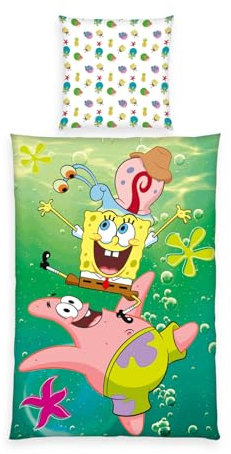 Herding Bettwäsche SpongeBob Schwammkopf, Kopfkissenbezug 80 x 80 cm mit Wende-Motiv, Bettbezug 135 x 200 cm, Mit Reißverschluss, 100% Baumwolle/Renforcé