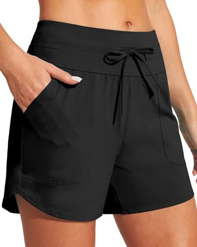 IUGA Womens 5 Swim Board Shorts Stretchy High Waisted Beach Shorts for Women Quick Dry UPF 50+ Swimsuit Bottoms with Liner Black