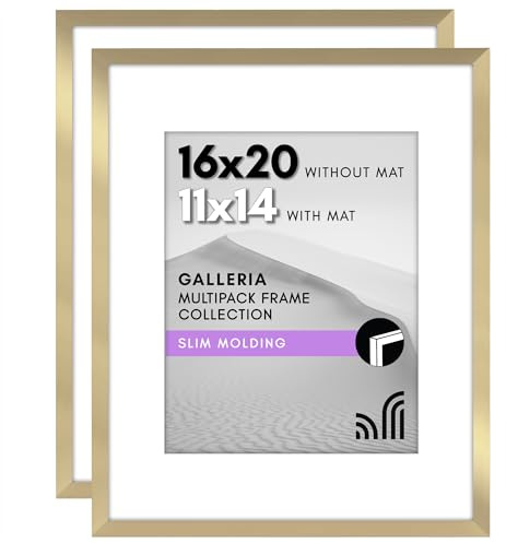 Americanflat 16x20 Picture Frame with Polished Plexiglass - Set of 2 - Use as 11x14 Frame with Mat or 16x20 Frame Without Mat - Galleria Collection - Gallery Wall Frame Set for Wall Display - Gold