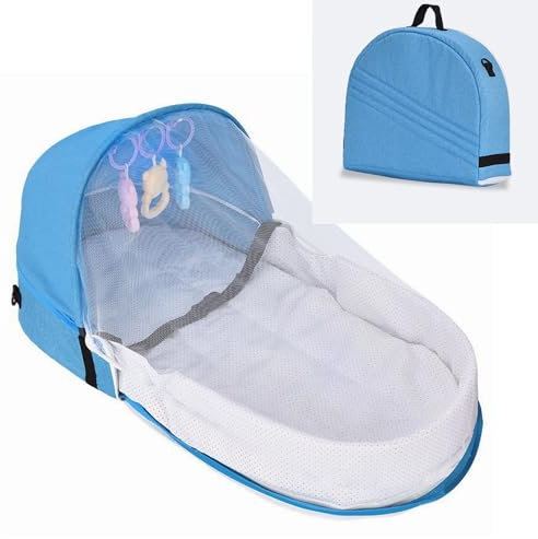 Bärbar barnvagn, vikbar vagga, resesäng för bebis, resevagn med leksaker, markis och myggmössa, bärbar babysäng, hopfällbar babysäng, för spädbarn från 0–10 månader
