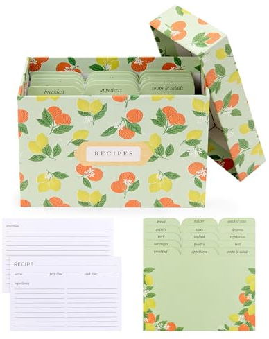 Rileys & Co Boîte à Recettes Citrus - Cartes 6x4 Pouces (15,2 x 10,2 cm), Inclut 50 Cartes et 15 Séparateurs, Organisateur pour Recettes, Cadeaux de Pendaison de Crémaillère, Maman, Douche Nuptiale