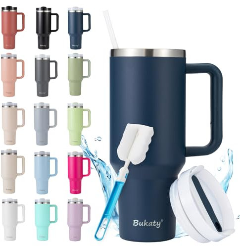 Bukaty Taza térmica con pajita y asa, 40 oz, vaso con tapa y pajita, taza de café al vacío de acero inoxidable de doble pared con asa y paja, taza de coche para bebidas calientes y frías