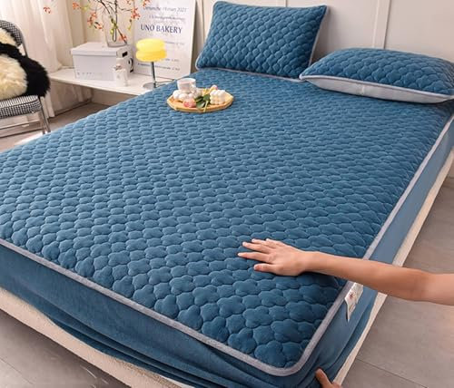 KnSam Betttuch mit 2er Kissenbezüge 150x200cm Set 3teilig Hotel, Spannbettlaken Gesteppt Einfarbig Dunkelblau Textilien Klassische, Samt Tagesdecke für Boxspringbett & Wasserbett