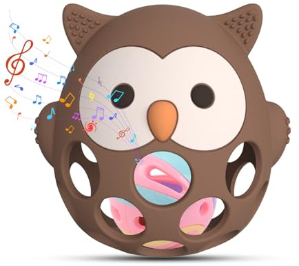 Teething Toys & Rattle for Baby - Upgraded New Infant Silicone Owl Baby Teether Toy Sensory Toy from 0 Months Prevents Finger Sucking - Teethers Aid & Grasping Ball - Gifts for Boys & Girls (Coffee)