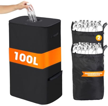Contenitore per bottiglie di pegni con coperchio, 100 l, grande contenitore con 2 borsa per il trasporto, contenitore vuoto e contenitore di vetro vecchio, raccoglitore di bottiglie con foro per