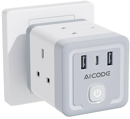 Multi Plug Adapter with 3 USB,AICODE 4 Way Plug Adapter for the UK,Cube Wall Socket with Switch,13A UK 3 Pin USB Wall Plug Extension Socekt,Charger Block for Home Office Kitchen