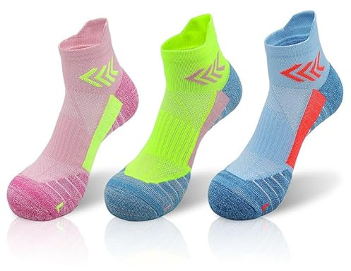 UoQo Lot de 3 paires de chaussettes de course pour femme, anti-ampoules, respirantes pour femme, taille 37-40, chaussettes de sport pour marathon, cyclisme, marche, randonnée, sports, multicolore,