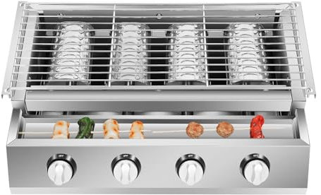 Garbenat Barbecue à gaz à 4 flammes en acier inoxydable - 56 x 23 cm - Petit barbecue à gaz portable avec 4 plaques en acier - Pour le camping, les activités de plein air