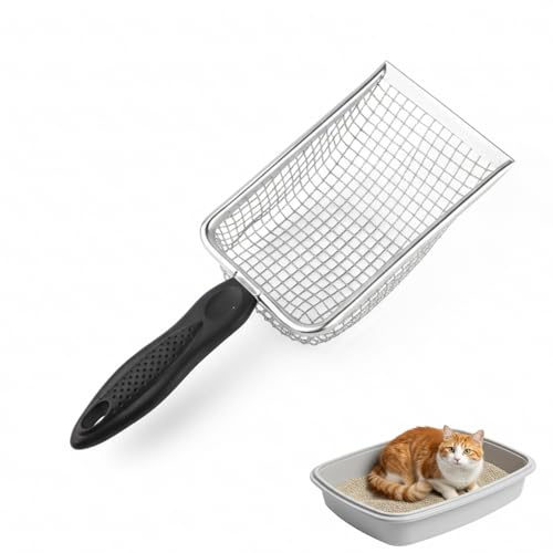 DAQUN Cat Litter Scoop, Cat Scooper Litter, 5mm Stainless Steel Suitable Mesh Sifter Shovel with Long Handle, Fine Mesh Strainer for Kitty Litter Box Cleaning (Black)