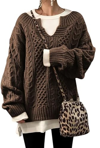 JIEDOUKEJI Maglione Oversize Donna Maglione Lavorato a Maglia con Scollo a V Trecce Maniche Lunghe Maglioni Invernale Casual Pullover per Autunno Inverno