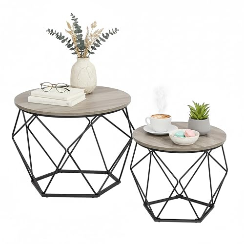 Relaxdays Couchtisch, 2er Set, Holzoptik & Metall, Vintage-Design, runde Beistelltische, Wohnzimmer, grau/schwarz