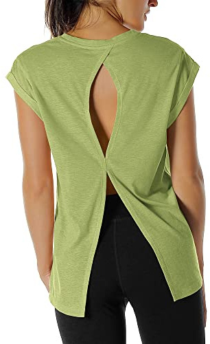 icyzone T-Shirt de Sport Femme Yoga Shirt Manches Courtes Fitness Running Décontracté Tops Dos Ouvert(M, Pois sucré)