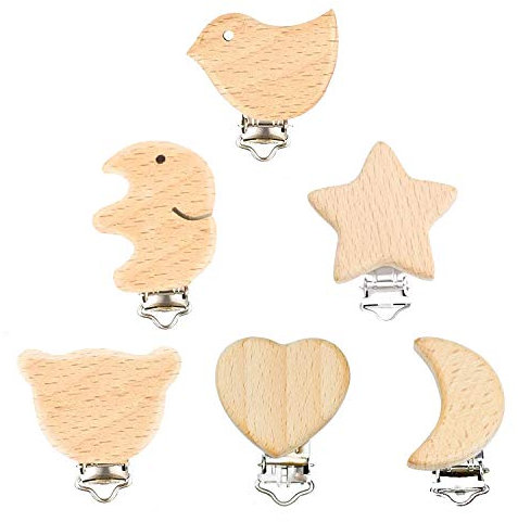 6 Stück Schnuller Clip Nuckelclip Baby Clip Metall Holz Schnullerclip Säugling Schnuller Verschlüsse Halter Schnullerketten Clips Nippel Halter für Baby und Kind