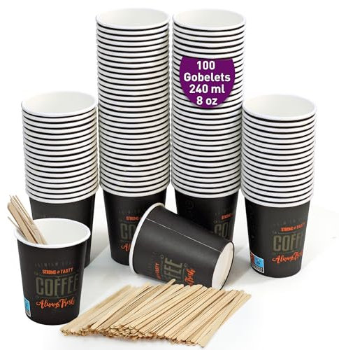 GoBeTree 100 Vasos de Café Desechables de Cartón de 240 ml con Agitadores de Madera para Café Expresso