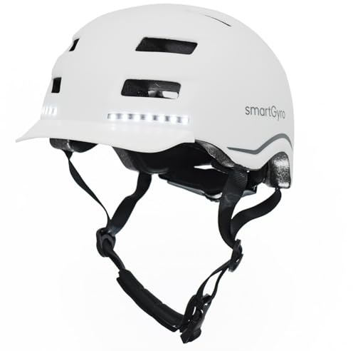 smartGyro Smart Casco, Casco Smart PRO con Luce di Frenata Automatica, Indicatori di Direzione, Altoparlanti, Bluetooth, EPS + PC, Batteria, Visiera Anteriore, Led Anteriori e Posteriori, M, Bianco