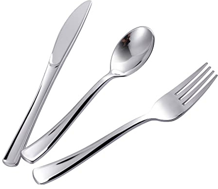 N9R 500PCS Silver Plastic Cutlery Set - 200 Forks, 150 Knives, 150 Spoons - Disposable, Premium, Sturdy - Silver, Plastic - Perfect for Gathering, Weddings, Parties
