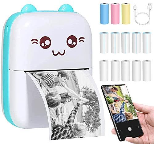 DMZK Mini Drucker, Fotodrucker mit 13 Rollen Thermopapier, Thermodrucker Schwarz Weiss ohne Patrone für Smartphone, Bluetooth Drucker USB Tragbarer Handy Drucker für Studenten Büroangestellte Weiß