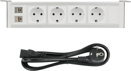 Btstil Tischsteckdose, 4 Fach Steckdose Unter der Arbeitsplatte mit 2 RJ45, Mehrfachsteckdose für Büro, Küche, Arbeitsplatte, 1,5M Kabel