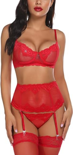 Satohom Giarrettiera Biancheria Completi Donna Pizzo Push Up Reggiseno e Vita Alta Perizoma con Reggicalze 3 Pezzi, Spalline Regolabili Babydoll Lingerie Set Sexy Camicie da Notte 4 Colore