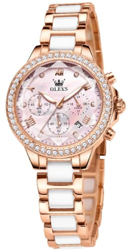 OLEVS Montre automatique pour femme en or rose squelette mécanique à remontage automatique élégante de luxe avec papillon diamant blanc bracelet en céramique cadeau, Rose/or rose