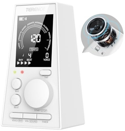 TERENCE Digitales Metronom Piano Gitarre Bass Eukliri Instrument Elektronisches Metronom mit Lautsprecher LCD Monitor Lautstärke Tempo einstellbar Timerfunktion wiederaufladbar 30-252bpm weiß
