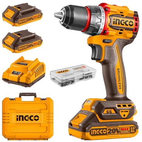 INGCO 20V Cordless Compact Drill 66NM, Brushless Motor, 2-Speed Gear, 22+1 Torque, 13mm Chuck, LED Work Light with 2Pcs 2.0Ah Battery and 1Pcs Charger CDLI20668