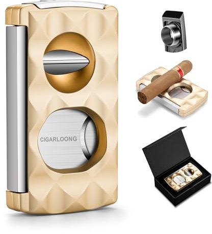 CLZOONG 4-in-1 Zigarrenschneider Edelstahl Doppelte Klinge Guillotine, V-Cutter, Zigarren Punch, Zigarren-Accessoires mit Diamantmuster Finish (Gold)