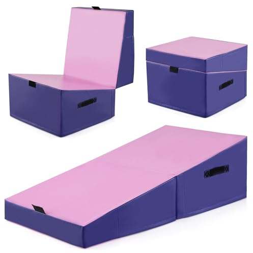 COSTWAY Tapis de Gymnastique Incliné 120 x 60 x 35 cm, Matelas de Gym Angle Droit Pliable avec Mousse EPE et Cuir PVC Antidérapant Poignée de Transport, Exercice Aérobic (Violet + rose)