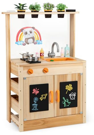 GOPLUS Cuisine Exterieur Enfant, Cuisine d'Extérieur Evolutive en Bois de Sapin, avec Pots de Plantation, Plaques de Cuisson, Évier Amovible, Tableaux Noirs, Jeu de Cuisine pour Enfant 3+ Ans