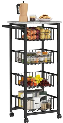 HOMCOM 4-Tier Kitchen Island on Wheels, Rolling Kitchen Storage Trolley with 4 Pull-Out Mesh Baskets, Mobile Utility Serving Cart, Light Grey