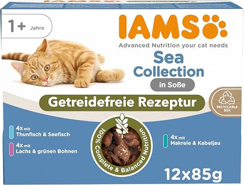 IAMS Delights Sea Collection Katzenfutter Nass Getreidefrei - Multipack mit Fisch Sorten in Sauce, getreidefreies Nassfutter für Katzen ab 1 Jahr, 12 x 85g